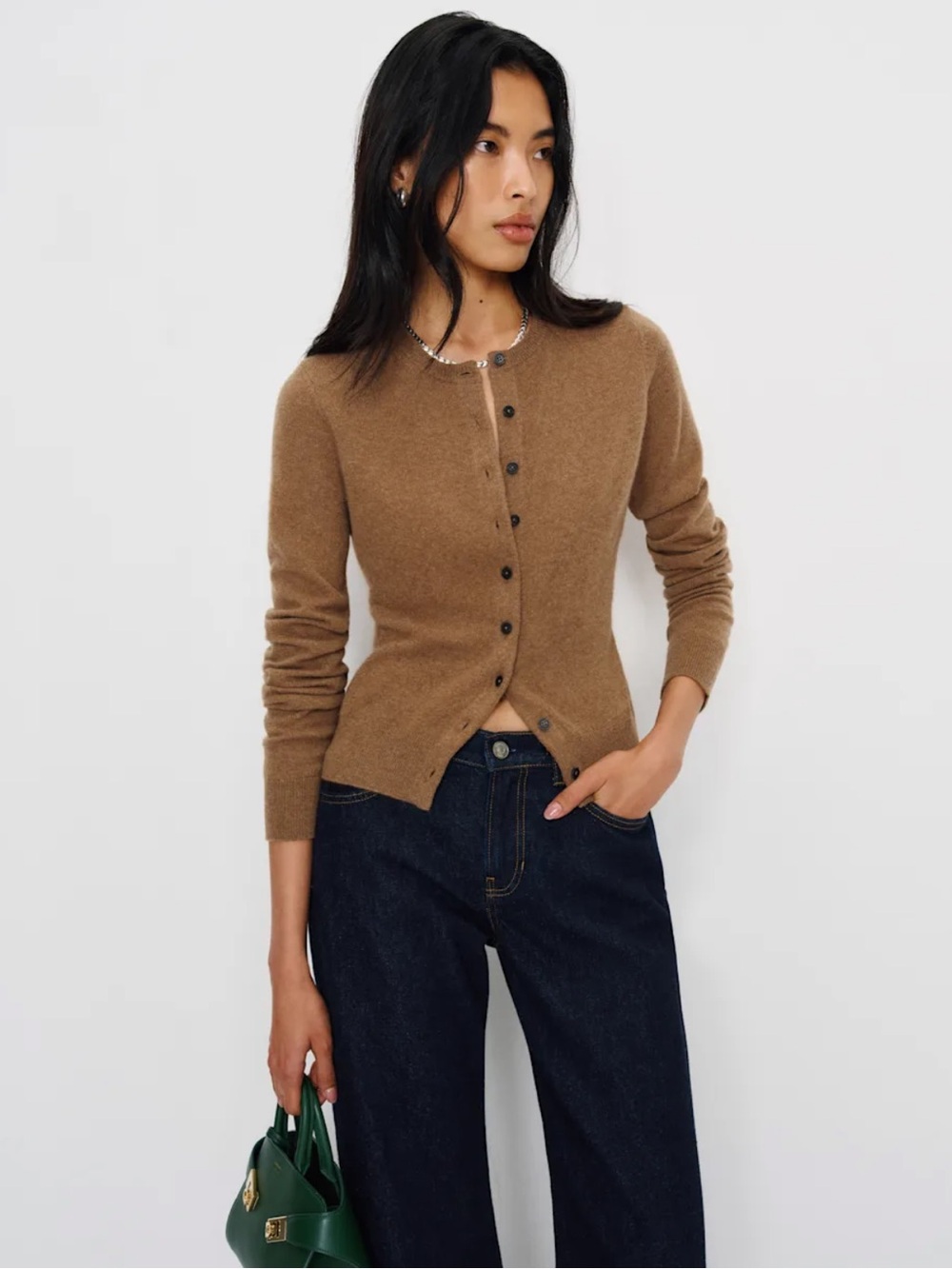 Reformation Camel Brown Button-Front Crewneck Cardigan Cashmere